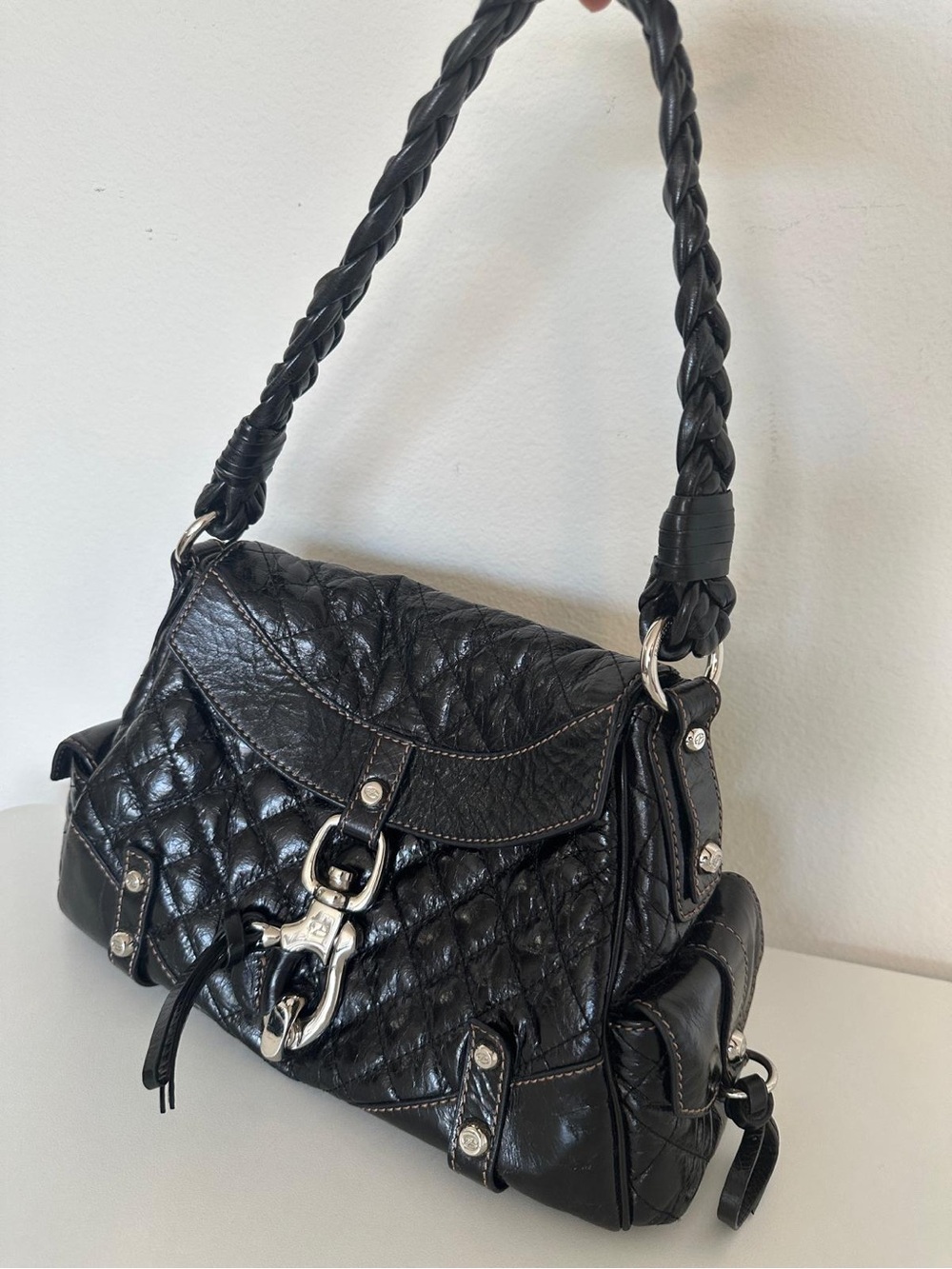 Like New Francesco Biasia Black Quilted Leather Secret Love Bag Y2K